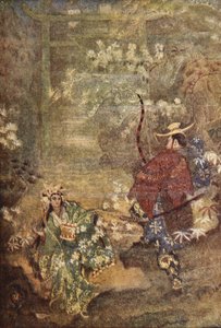 Hoori och havets guds dotter, illustration från "The Myths and Legends of Japan" av F Hadland Davis av Evelyn Paul