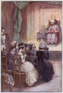 Illustration för Cranford av Mrs Gaskell (färg litho) av Evelyn Paul