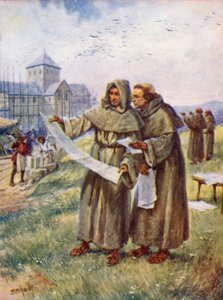 Bygga ett kloster (färg litho) av Evelyn Stuart Hardy