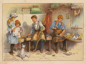 Små arbetare: Sko- och stövelmakaren (färglitografi) av Evelyn Stuart Hardy