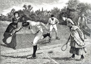 Gravyr som visar en vänskaplig dubbeltennismatch av Everard Hopkins