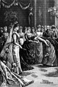 Drottning Victoria hälsar gästerna välkomna i en salong i Buckingham Palace, sent 1800-tal, 1900