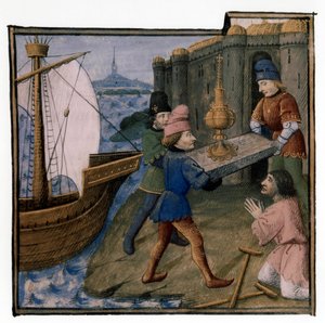 Arthuriansk legend: Galaad, Perceval och Bohort bringar Holay Graal i Palestina: Graal kommer att bota den handikappade tiggaren, belysning av Evrard d