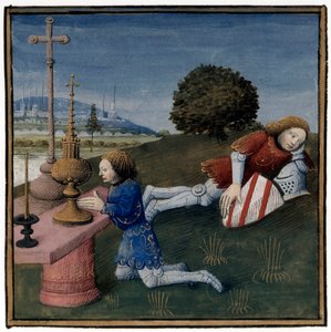 Arthuriansk legend: Lancelot sover medan den heliga gralen visar sig för en annan riddare, belysning av Evrard d