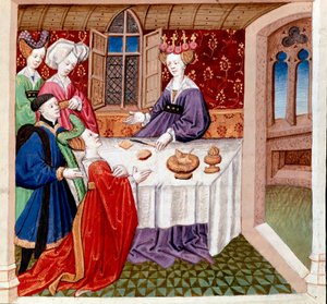 Iseult (eller Iseult) vädjar om skydd av drottning Guenevre som sitter vid hennes bord. Miniatyr hämtad från "" Romanesque du Chevalier Tristan et de la reine Yseult"" av Gassien de Poitiers belyst av Everard de Espinques (Evrard d