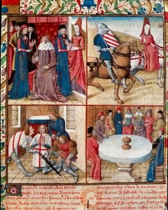 Kung Arthur håller hov, Lancelot ledd av en dam till klostret, mjukare från Galahad (Gaalad eller Galaad) till klostret och riddarna av det runda bordet runt den heliga graalmanuskriptsidan "" Riddarens romerska Tristan och drottning Yseult" av Gassien de 