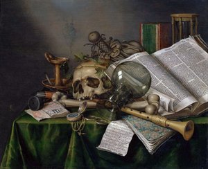 Vanitas - Stilleben med böcker och manuskript och en dödskalle