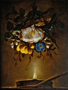 Ett stilleben med en bukett blommor hängande nära ett ljus av Evert van Aelst