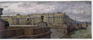 Senatplatsen i Sankt Petersburg. Beskrivning av byggnader på stranden av Neva. Verk av Evgeny Evgenyevich Lanceray (Eugene Lansere) (1875-1946), litografi