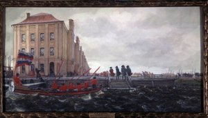 Sankt Petersburg i början av 1700-talet. Byggandet av 12 högskolor. (St Peterburg i början av 1700-talet. The Twelve Collegia Building). Beskrivning av en kaj på Neva, framför universitetet, där män väntar på ankomsten av en båt m