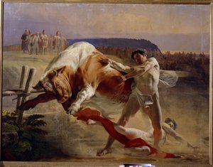 Uppgörelsen av Jan (Ian) Usmar (Usmovich, Usmoshvets). (The Trial of Strength of Yan Usmovets). Traditionell rysk legendarisk hjälte, satt på prov av storhertigen Vladimir (cirka 960-1015) för att stoppa en tjur med sina bara händer. Målning av Yevgraf Se av Evgraf Sorokine