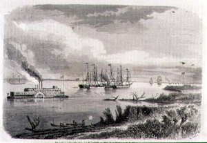 En ångbåt och en bogserbåt på Mississippi, graverad av Stephane Pannemaker (1847-1930) (gravyr)