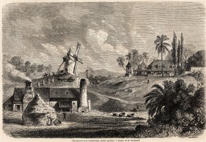 En sockerfabrik i Guadeloupe, teckning av Auguste de Berard (1824-1881), för att illustrera resorna till Västindien, 1858-1859, av Anthony Trollope (1815-1882). Gravyr i "" Le tour du monde, nouveau journal des voyages"" Paris