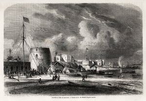 Hamnen i staden Zanzibar (nuvarande Tanzania), teckning av Evremond de Berard (1824-1881), för att illustrera kapten Burtons resa till Östafrikas stora sjöar 1857-1859. Gravyr i "" Le tour du monde, nouveau journal des voyages"" Paris