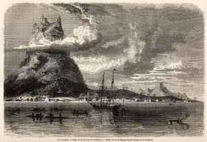 Rade och toppen av ön Borabora, teckning av Evremond Auguste de Berard (1824-1881), för att illustrera en naturforskares resa i Galapagos skärgård och korallöarna, 1858 av Charles Darwin (1809-1882). Gravyr i "" Le tour du mond