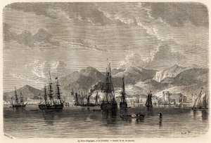 Spaniens hamn, i Trinidad (Trinidad och Tobago), teckning av Evremond Auguste de Berard (1824-1881), för att illustrera resorna till Västindien, 1858-1859, av Anthony Trollope (1815-1882). Gravyr i "" Le tour du monde, nouveau journal des voya