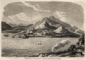 Vy över Port of France, Nya Kaledonien, teckning av Evremont de Berard (1824-1881), för att illustrera Victor de Rochas resa till Nya Kaledonien 1859. Gravyr i ”” Le tour du monde” 1861. Selvas samling.