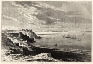 Vy över Tanger (Marocko), teckning av Evremond de Berard (1824-1881), för att illustrera M.F.Schicklers resanteckningar till Marocko. Gravyr i "" Le tour du monde, nouveau journal des voyages"" Paris