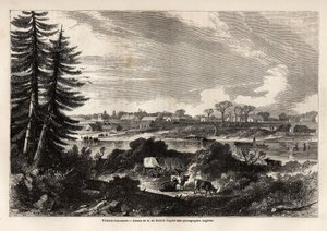 Vy över Victoria-Vancouver, British Columbias huvudstad, teckning av Auguste de Berard (1824-81), för att illustrera utforskningen av Klippiga bergen 1857-59 av kapten John Palliser. Gravyr i "" Le tour du monde, nouveau journal des voyages"" Paris