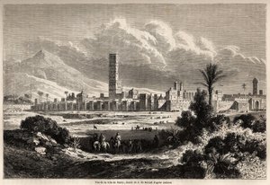 Utsikt över staden Marrakech (tidigare Marocko), teckning av Auguste de Berard (1824-1881), för att illustrera Mr.F. Schicklers resa till Marocko 1860. Gravyr i "" Le tour du monde, nouveau journal des voyages"" Paris