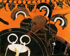 Den trehövdade jätten Geryon vars boskap Herakles stal... av Exekias Exekias