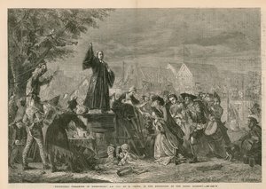 George Whitefield predikar i Moorfields, AD 1742 - i utställningen av Royal Academy (gravyr)