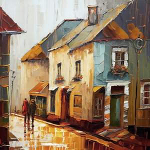 A Country Village Street, abstrakt målning på duk, väggkonsttryck av F. Abderrahim