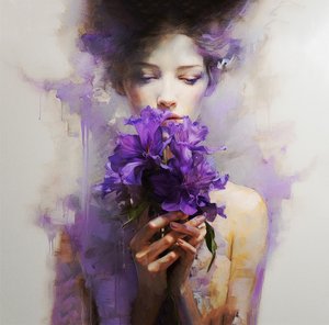 En vacker kvinna bär abstrakta lila blommor, Wall Art | Canvas Prints av F. Abderrahim