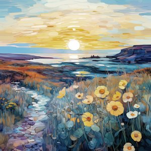 Abstrakt lila blommor i soluppgång landskapsmålning, väggkonsttryck av F. Abderrahim