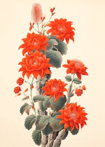 Abstrakt kaktus med blommor, japanskt träsnitt, inramade väggkonsttryck av F. Abderrahim