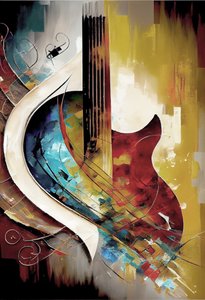 Abstrakt musik oljemålning: gitarr tjocka penseldrag duk konsttryck av F. Abderrahim