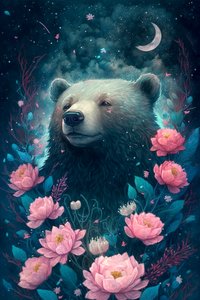 Björn i en fantasidröm omgiven av blommor, inramade posters av F. Abderrahim