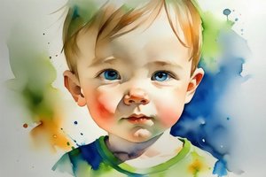 Vackert babyporträtt, akvarellmålning på duk, väggdekor för sovrum, levande färger av F. Abderrahim