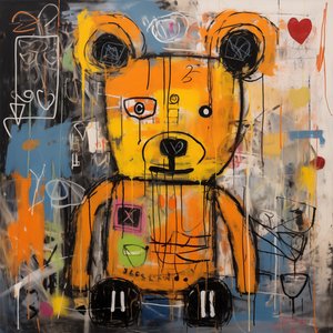 Dekor söt björn abstrakt målning, jean michel basquiat stil, konsttryck av F. Abderrahim