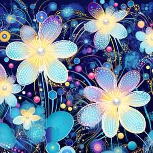 Blommigt motivmönster i blått, yayoi kusama-stil, konsttryck online av F. Abderrahim