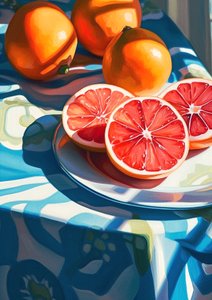 Grapefruktskivor, dekor kök stilleben målning, fina konsttryck online av F. Abderrahim