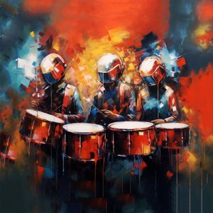Grupp av musiker som spelar trummor, rockmusik, digital konst för utskrift av F. Abderrahim