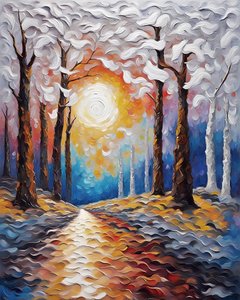 Solnedgång genom en skog, landskap canvas tryck, levande färg målning av F. Abderrahim