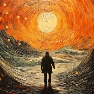 Surrealistisk scen, en man i havets vågor, Vincent van Gogh impressionistisk stil av F. Abderrahim