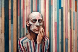 Surrealistisk målning av en ledsen man inspirerad av Giorgio de Chirico, konsttryck av F. Abderrahim