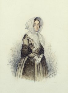 Porträtt av en ung dam i en motorhuv med vita handskar, 1840 (wc och penna på papper)