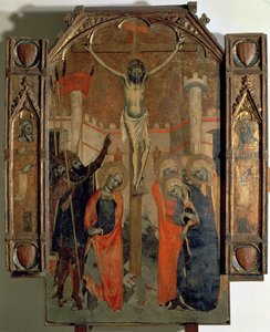 Korsfästelsen, övre delen av centralpanelen på Almudainas stora altartavla, färdigställd 1358 (tempera på panel) av F. Bassa and R. Destorrents