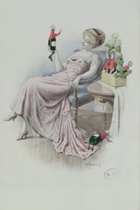 Vykort föreställande en kvinna med champagneflaskor i form av män, ca 1900 (färg litho) av F. Kuderna