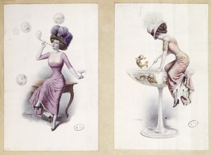 Vykort som visar en kvinna som blåser bubblor och fiskar i ett champagneglas, ca 1900 (litho i färg) av F. Kuderna