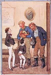 Mr Peggotty tog två fantastiska hummer och en enorm krabba och en stor canvaspåse med räkor ur sina fickor, illustration från David Copperfield, 1914
