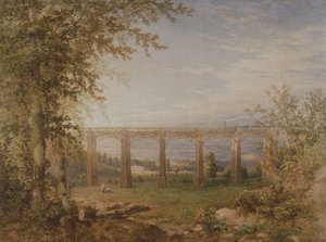 En tegel- och timmerjärnvägsviadukt med ångtåg, 1849 (wc på papper) (par till 3247622)