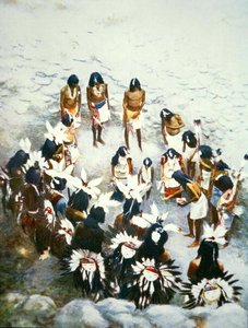 Lenya-ceremonin, Walpi Pueblo, ca 1900 (färg litho) av F. Seth