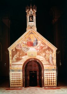 Exteriör av Porziuncola-kapellet med en fresk som visar St Francis mottar Benådningen av Assisi (av Friedrich Overbeck), 1829; Interiör av Santa Maria degli Angeli (rekonstruerad av Luigi av F and Poletti Overbeck