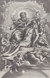 Den heliga treenigheten, med den döde Kristus i centrum omgiven av änglar, Gud Fadern, ..., 1650-90. av F. de Louvement