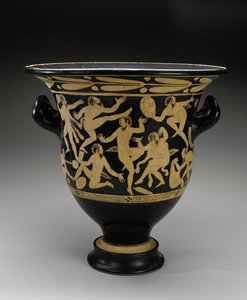 Klockkrater med vit figur med dansande satyrer, 400-351 f.Kr. (terrakotta) av Faliscan